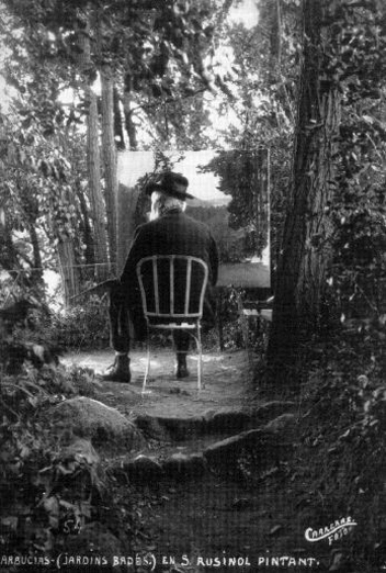 Santiago Rusi&ntilde;ol pintant als Jardins Bad&eacute;s d'Arb&uacute;cies