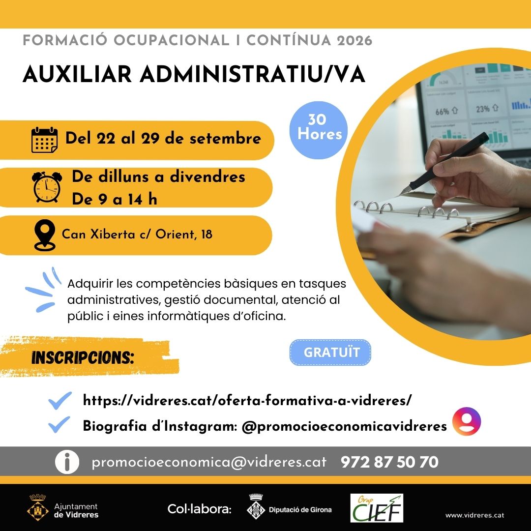 Auxiliar administratiu/va (30 hores)