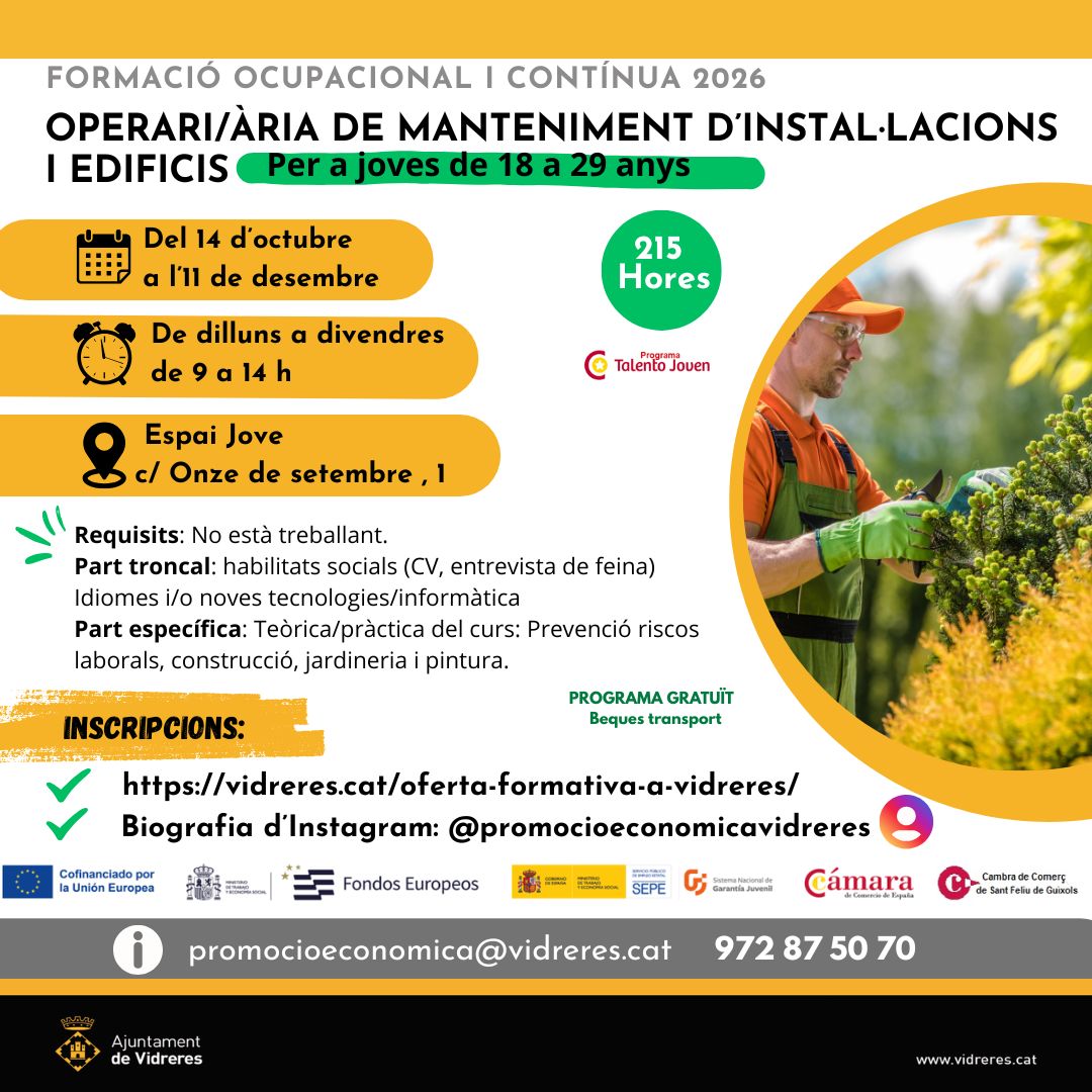 Operari/ària de manteniment d'instal·lacions i edificis (18 a 29 anys)