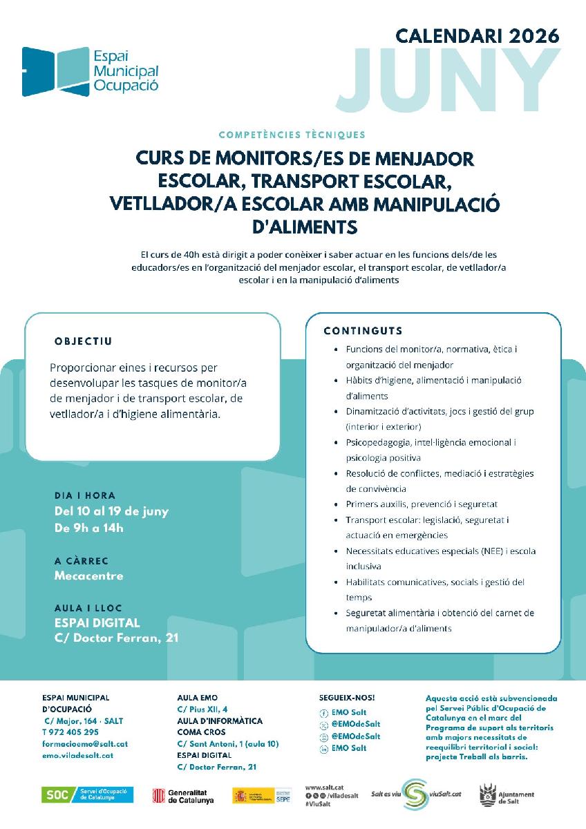 Curs de monitors/es de menjador escolar, transport escolar, vetllador/a escolar amb manipulació d'aliments