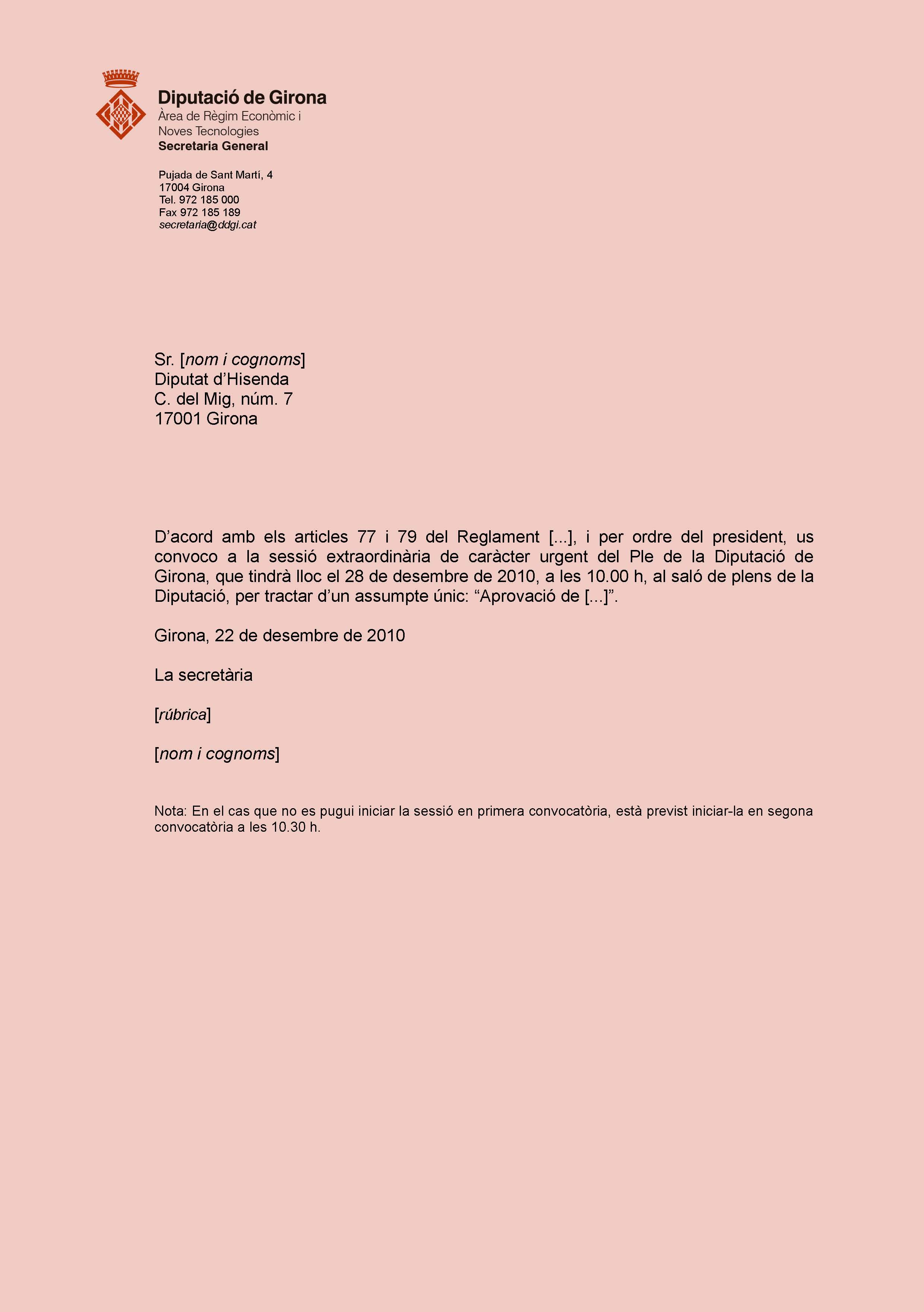 Model de convocatòria de sessió 2